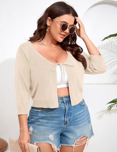 Image of ShopWonder Women's V-Neck Tie Front Shrug 3 /4 Sleeve Rib-Knit Cardigan Sweater Crop Top