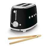 Smeg TSF01BLUS 50's Retro Style Toaster Bundle with Bamboo Tongs - (Black) 2...