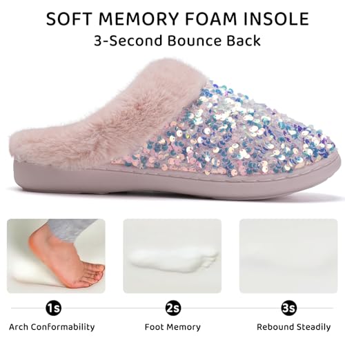 WateLves Women's Sequin Sparkle Fuzzy Slippers Slip-on Mules Memory Foam Indoor House Shoes Fluffy Slides Comfortable Christmas Holiday Gift for Her (Sequin Pink, 38/39) - image 3
