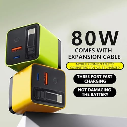 Caricabatterie Retrattile 3 in 1 80w Max Veloce, Caricabatterie per Tablet e Adattatore di Alimentazione Retrattile con Cavo di Tipo C e 2 Porte USB, 2 Pezzi, Bianco