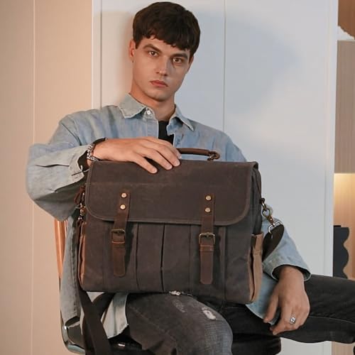 Vintage Mens Messenger Bag 15.6 inches Waterproof Genuine Leather Waxed Canvas Satchel Shoulder Bag Briefcase Laptop Bag with Charging,Headset Port Gray - Image 3