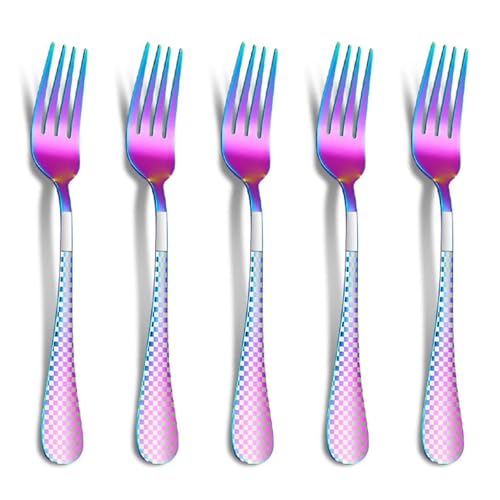 Image of 8.1 inch Rainbow Dinner Forks Set of 5 with Checks Printed Handle ? Durable Stainless Steel Silverware, Mirror Polished Forks, Perfect for Home, Restaurant, and Gifting