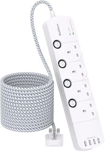 Extension Lead with USB Slots, 4 Way Socket Outlets Power Strips with 4 USB, 1050J Surge Protection Multi Plug Extension with Braided Extension Cable for Home, Office, Individually Switched, White