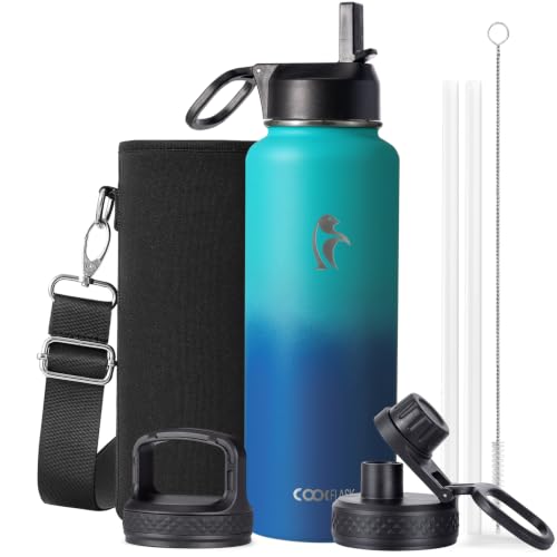 Image of Coolflask 40 oz Water Bottle Insulated with Straw & 3 Leakproof Lids