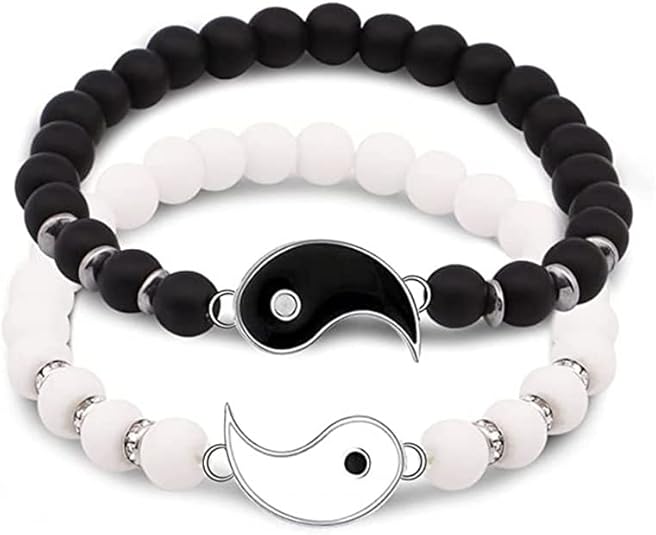 2 Pcs Matching Yin Yang Bracelets, Best Friends Couple Matching Bracelets Ying Yang Relationship Bracelets Adjustable for BFF Friendship Bracelets (Black and White)