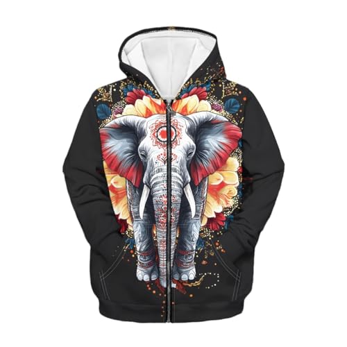 GLUDEAR Boys Girls Bohemian Elephant Print Zip Up Hoodie Unisex Kids Pocket Hooded Sweatshirt 6-16 Years