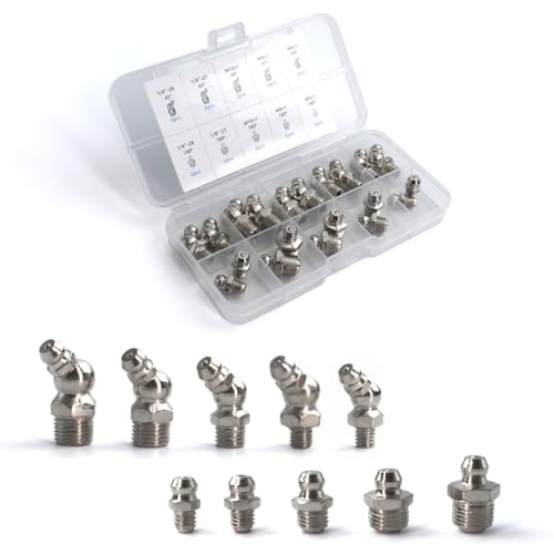 20 PCS SAE & Metric Grease Fittings Assortment, Hydraulic Grease Gun Fittings with 1/4'' 1/8'' M6 M8 M10 Straight, 45 Degree Zerks Kit for Automotive Industrial Machinery Lubrication