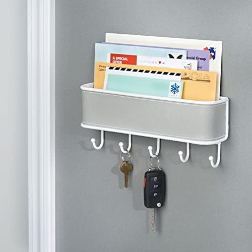 mDesign Mail Holder and Key Rack - Wall Mounted Mail Organiser for Letters, Keys and More - Mail File - White