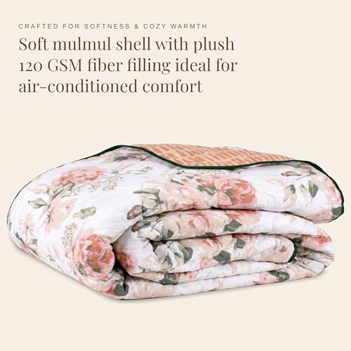 Image of HUESLAND Reversible AC Quilt Blanket Single Bed | 100% Cotton Quilted Shell, Super Soft 120 GSM Microfibre Wadding | Lightweight Comforter for All Weather Use | Blushing Blooms - 55 x 88 inches