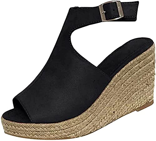 Sandales compensées noires pour femme taille 38 avec espadrilles plateforme et bout ouvert
