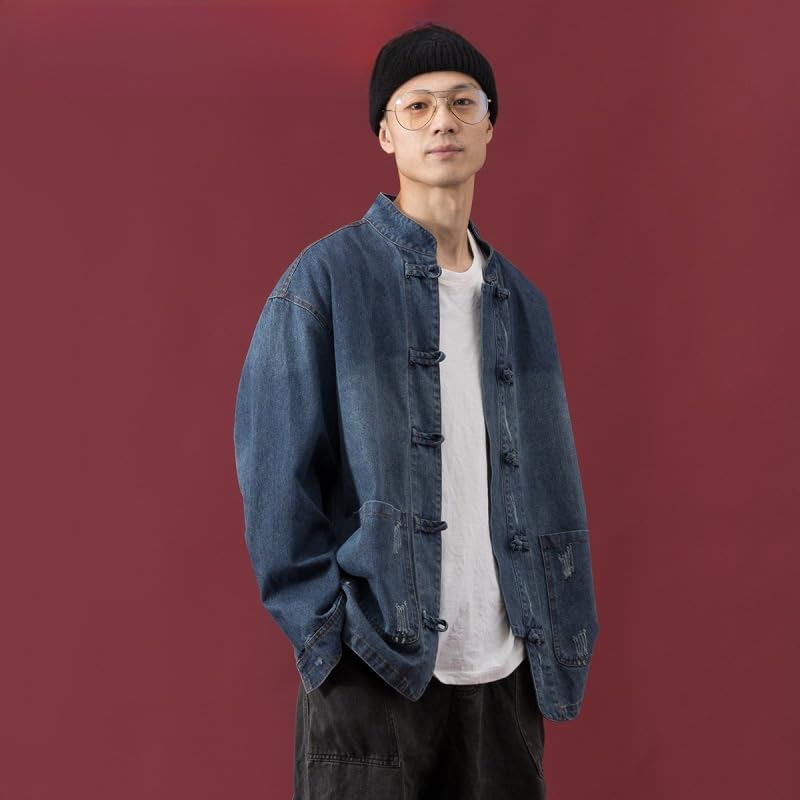 Men's Denim Jacket with Chinese Style Tang Suit Buttons - Gown Jacket2