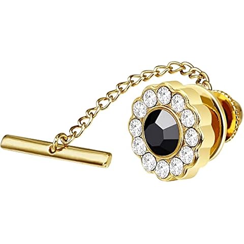 AMITER Gold Tone Crystal Tie Tack with Chain Cover