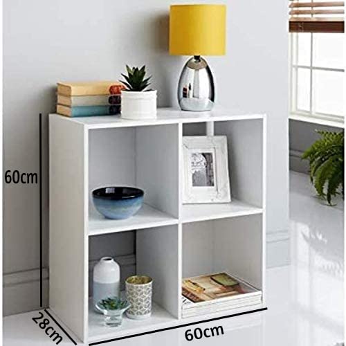 Image of Wooden Storage Shelving Unit Bookcase Home Office Use Display Furniture Living Room Decor Easy to Build (4 Cube Shelf-White)