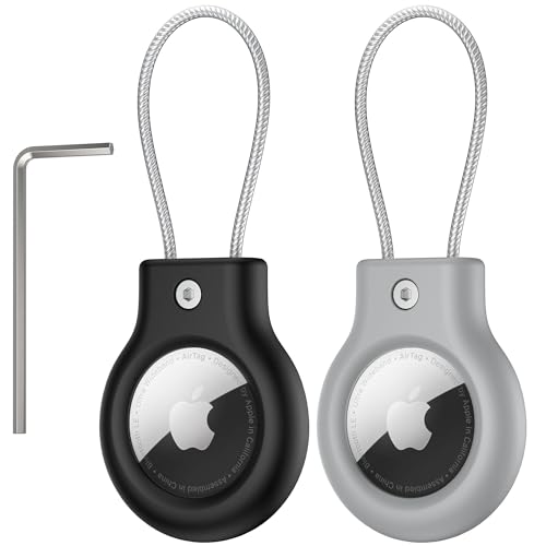 Waterproof AirTag Holder Air tag Secure Case Antitheft with Wire Cable Ultra Durable Scratch-Resistant Tag Cover with Key Locking for Car Bike Luggage Key Dog (Black+Grey)