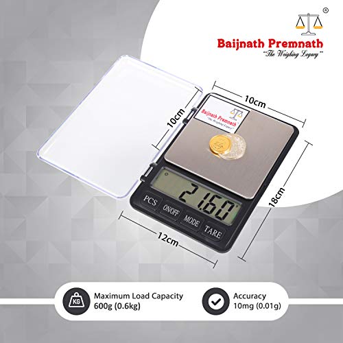 Image of Baijnath Premnath Diary 600g (0.6kg) x 0.01g (10mg) Digital Jewellery Weighing Scale, Gold & Silver ornaments Weight Measuring machine Portable Weighting Scale for homes and professionals