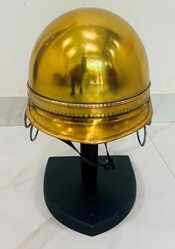 Vintage Medieval Roman Caesar Style Brass Helmet German Fireman Warrior Armor with Display Stand.