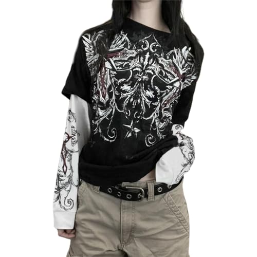 Caziffer Womens Fairy Grunge Graphic Sweatshirt Skull Print Long Sleeve Top Skeleton Aesthetic Goth Baggy T Shirts Emo Clothes (Black B, S)