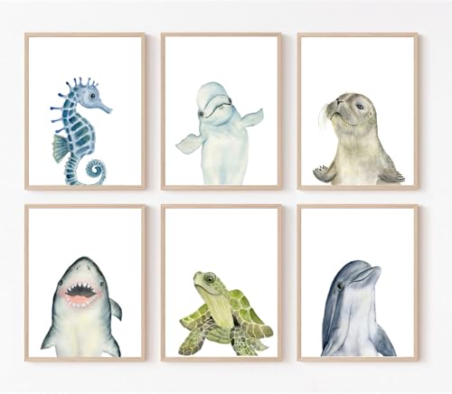 Image of Wodkwq Nursery Wall Art Sea Animal Canvas Prints Baby Girl Boy Room Decor Watercolor Paintings Pictures Cute Ocean Theme Toddler Room Decoration Set of 6 for Kids Bedroom Bathroom 8x10in Unframed