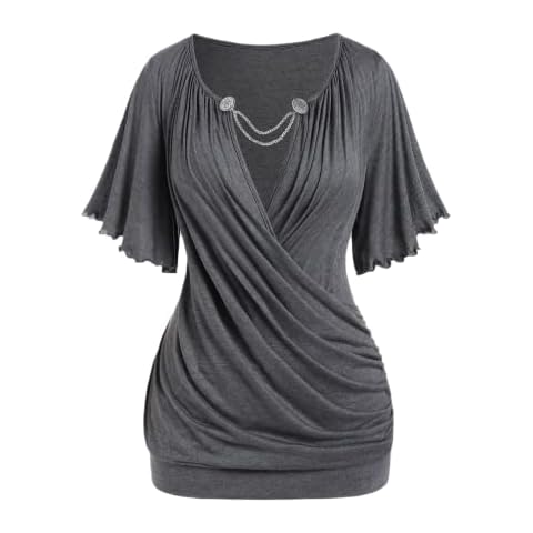 ROSE GAL Plus Size Lettuce Ruched Chain Embellished Plunging Blouson Tee(Gray/3X) Cover