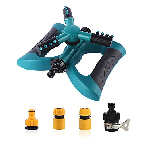 MYHXQ Lawn Garden Sprinkler Automatic 360 Rotating Adjustable Garden Water Sprinklers Covering Large Area with 3 Arm Sprinklers for Yard Lawns and Gardens, with Quick Connector