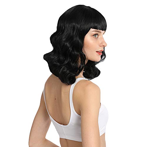 Difei Rockabilly Vintage Wig Audrey Hepbum Short Bang Wig Long Finger Wavy Wigs For Women (Black) #TOP5