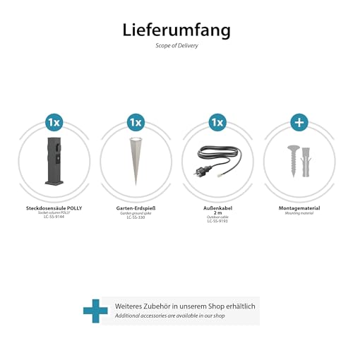 ledscom.de Garten-Steckdosen-S&auml;ule Polly mit Erdspie&szlig; und 2m Kabel f&uuml;r au&szlig;en, IP44, 3-Fach, Smart Home, anthrazit, eckig, 38cm