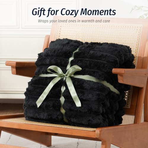 Image of Fleece Weighted Blanket for Adults 48 inch x 72 inch 15lbs Striped Blankets, Black | Dual Sided Soft Sherpa Weighted Blankets with Glass Bead Filling, Plush 3D Striped Heavy Throw Blanket for Bed and Couch