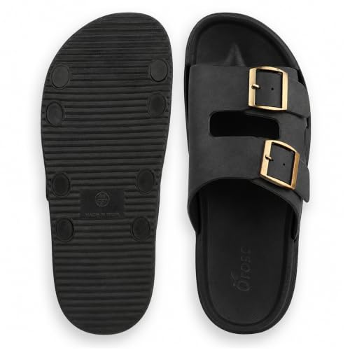 Image of Orose Men's and Boys' Double Buckle Slide Slippers | Soft Cushioned Lightweight Comfort Slides & Flat Slip-On Chappal for Daily Indoor & Outdoor Wear.