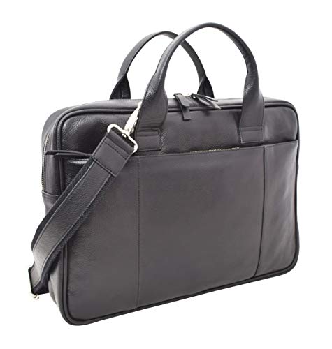 Men's Slim Leather Briefcase with Laptop Sleeve 15L x11H x 2.5W inches Black