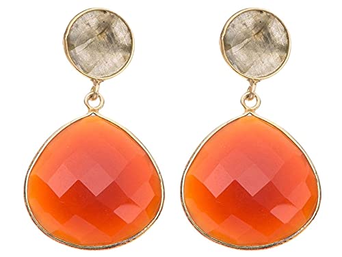 Gemshine Ohrringe mit orangenen Karneol Edelstein Tropfen und grau schimmernden Labradoriten in 925 Silber hochwertig vergoldet. Nachhaltiger, qualitätsvoller Schmuck Made in Spain