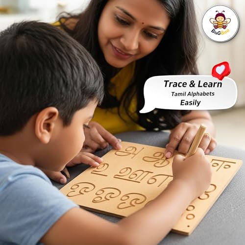 Image of BuGBee Tamil Alphabet Tracing Board for Kids | Uyir Ezhuthu & Mei Ezhuthu Wooden Writing Slate with Pencil | Montessori Tamil Learning Toy for Toddlers 2 3 4 5+ Years (Pack of 2 Boards)