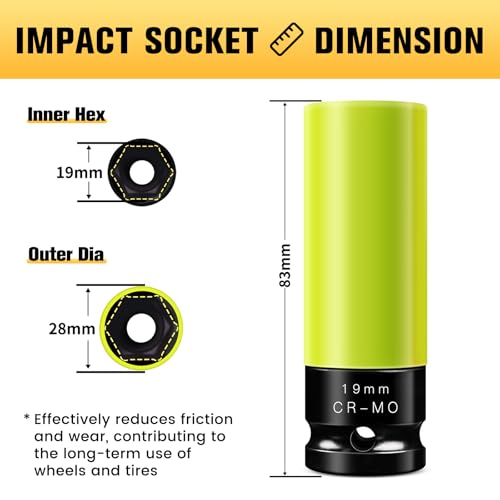 Image of BOEN 19mm 1 /2 inch Drive Wheel Protector Impact Socket, Non-Marring Lug Nut Thin Wall Deep Socket Set, Chrome-Molybdenum Steel, 6 Point, Color-Coded Protective Socket
