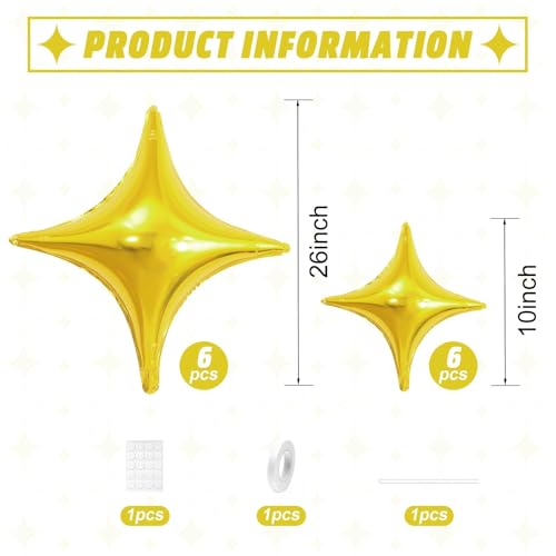 Image of Gold Star Balloons,12Pcs Four Angle Star Foil Balloons,26Inch and 10Inch Gold Quadrangle Helium Balloon for Birthday Graduation Anniversary Baby Shower Wedding Party Decorations | 26Inch and 10Inch Gold Quadrangle Star Helium Balloon for Birthday New Year Eve Graduations Wedding Party Decorations