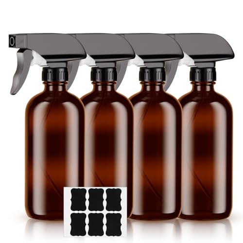 HOTUT Botella de spray de vidrio ámbar, botella de spray de vidrio de 500 ml 4 piezas, botella de spray de vidrio marrón, kit de configuración de flujo de niebla con bomba negra
