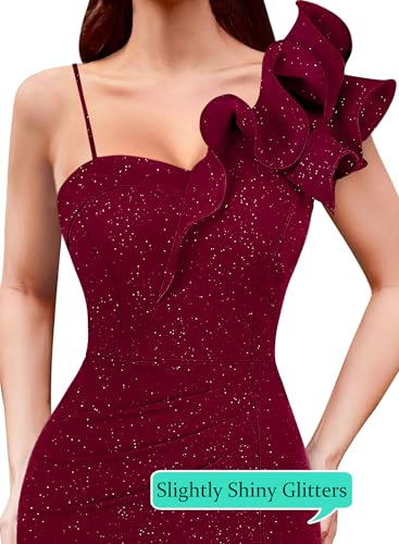 Image of VFSHOW Womens Ruffle One Shoulder Strap Ruched Formal Prom Wedding Maxi Dress V Neck Elegant Split Cocktail Evening Long Gown