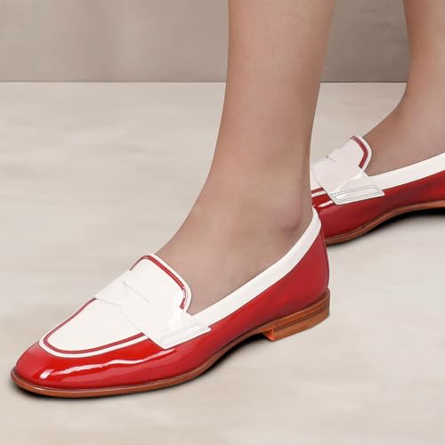 Image of Women Patent Slip On Loafer Flats Two Tone Round Toe Flat Heel Penny Loafers Casual 1 inch Low Heel Loafer Dress Shoes Oxford Comfort Chic Colorblock Office Ladies 4-11 M US