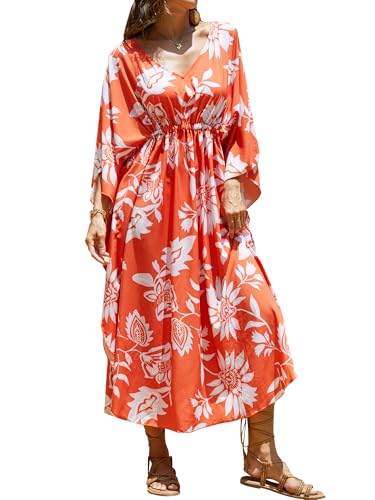 Image of Moss Rose Kaftan Dresses for Women V Neck Summer Swimsuit Cover up Caftan Maxi Beach Dresses