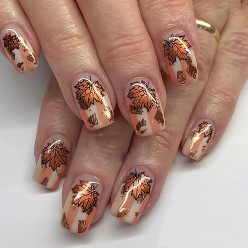 リーフテーマプレスオンチップ ゴールドホイルストライプリーフデザイン ショートスクエア人工ネイルチップ ラディアンス スタイリッシュなコーヒートーン プレスオンネイル