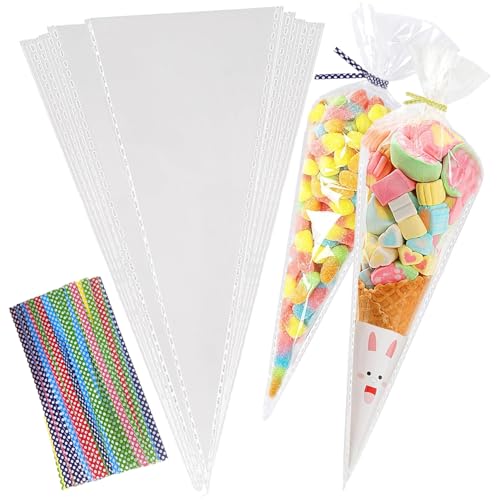 Lot de 100 sachets de cônes avec 100 attaches colorées,sachet pour bonbon, sac triangulaire pour bonbons, biscuits, pâtisseries(16 x 30 cm)
