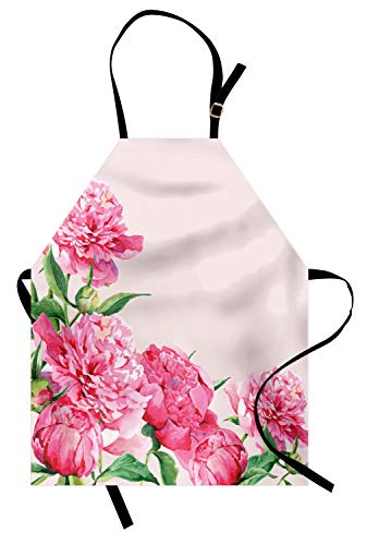 Lunarable English Garden Apron, Peonies Watercolor Painting Spring Romance, Unisex Kitchen Bib With Adjustable Neck For Cooking Gardening, Adult Size, Blush Pink #TOP15