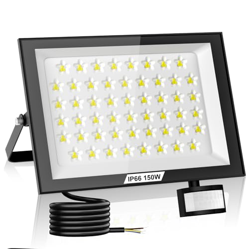 Lightasea Foco LED de 150 W con sensor de movimiento para exteriores, 15 000 LM,con mando a distancia,blanco frío de 6500 K, superbrillante,resistente al agua IP66,para jardín,garaje y patio