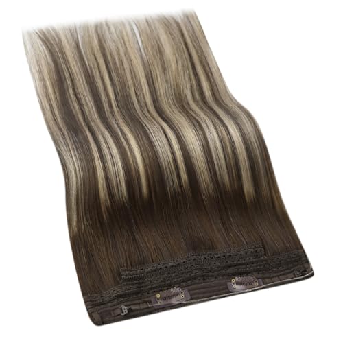 Image of YoungSee 125G Wire Hair Extensions Balayage Brown Fish Line Hair Extensions Real Human Hair Ombre Dark Brown with Ash Blonde Hair Extensions Wire for Women 16Inch