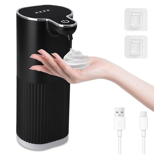Cuteefun Foaming Soap Dispenser, 350ml Rechargeable Automatic Hand Soap Dispenser, 4 Levels Adjustable, IPX5 Waterproof, Wall Mounted, Touchless Infrared Sensing for Bathroom, Kitchen, Ribbed Black