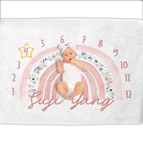 Image of OLIVE OLIVIA Personalized Gifts for Baby with Customized Name, Monthly Milestone Blanket Girl Boy, Growth Chart Blanket, Perfect Custom Pentagram Frame, 60''x80''
