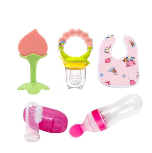 Image of BabyBee Fruit Feeder Pacifier with Rattle (1 Pcs) with 1 PCS Silicone Food Dispensing Spoon 90ML and 1 pcs Fruit Teether 1pcs Finger Brush 1 pcs bib (Pink)