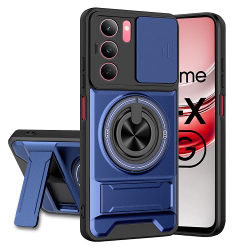 AELVOUX 14X / P3X / C75 / Narzo 80X 5G Back Cover | Armor Camera Slider 360 Degree Rotating Finger Ring Holder Case with Bracket Stand Back Case Cover (Compatible with MagSafe Accessories) (Blue)