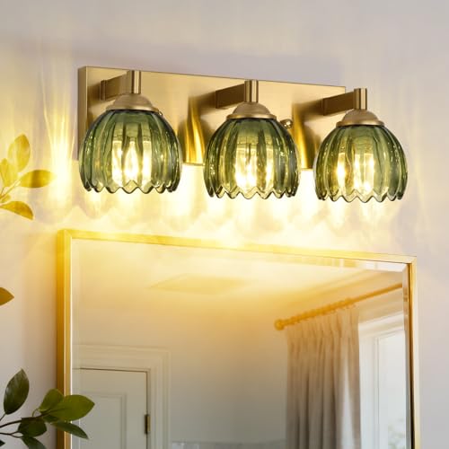 Image of Bathroom Vanity Light Fixtures, 3-Light Brushed Gold Bathroom Light Fixtures Over Mirror, Antique Wall Lights with Green Glass Tulip Light Shade for Mirror, Kitchen, Hallway, Cabinet, Porch