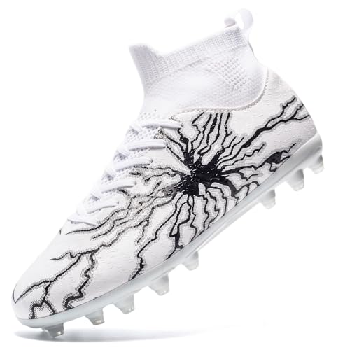 HRJR Kids Soccer Cleats Boys Girls Training Football Cleats Youth High-top Soccer Shoes for Little/Big Professional Athletic Outdoor Football Shoes White 5.5 Big Kid