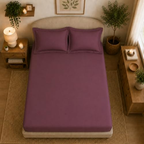 Image of Linen Home Cotton Percale Fitted Bedsheet Set King Size Damson Berry