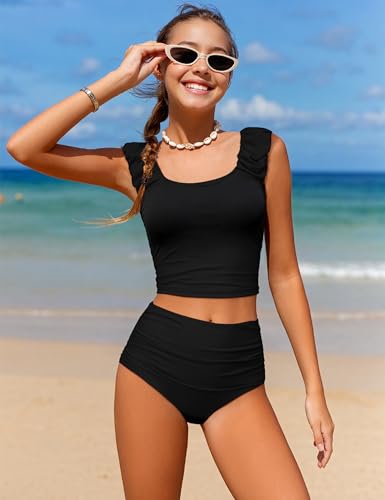 Girls Tankini Swimsuit 2 Piece Bathing Suit Twist Cross Back Cutout Swim Tank Top Floral Print Swimwear for 9-16Y2